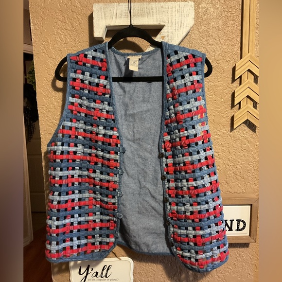 Vintage Koret City Blues Denim Red White Blue Weaved Vest Women’s Size 16W - Picture 1 of 3